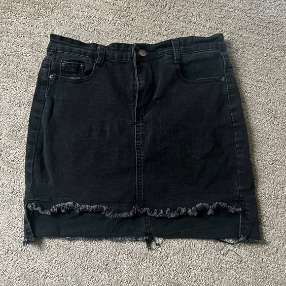 Black denim - high waisted skirt with distressed hem - Picture 1 of 5